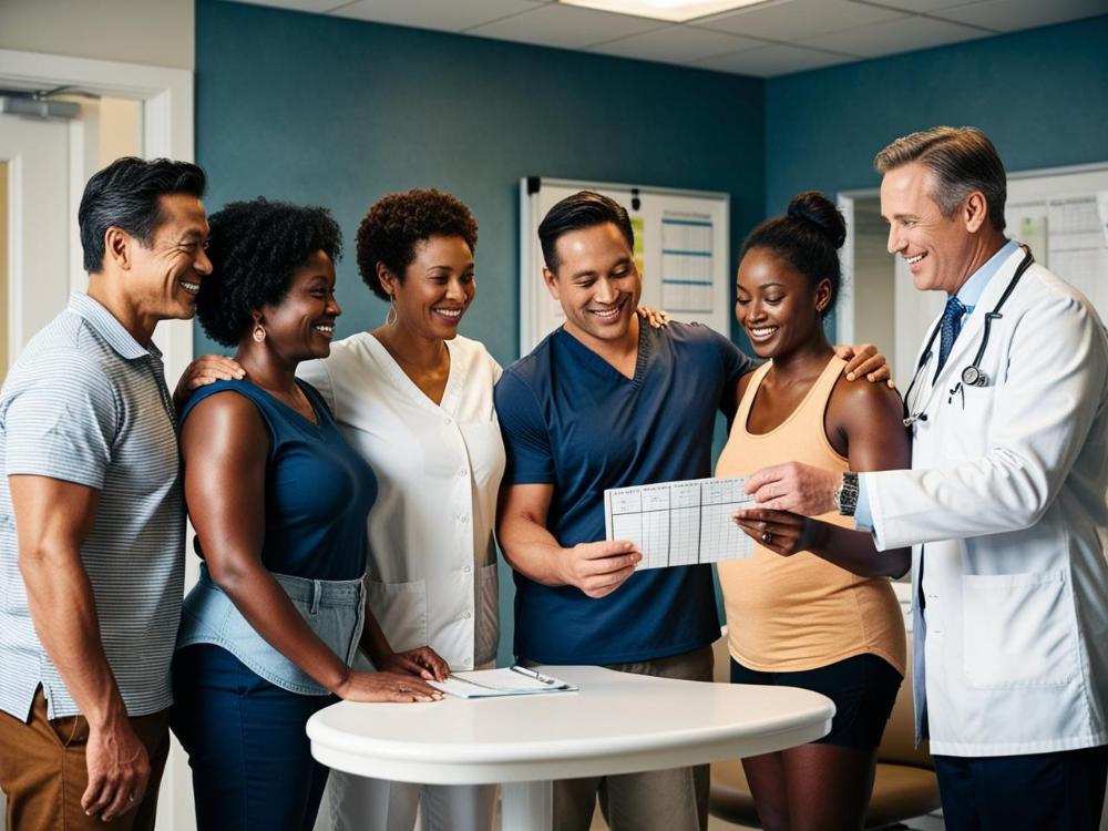 Smiling patients review weight loss progress with doctor in bright clinical office.