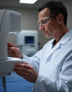 clinician adjusting machine for laser treatments