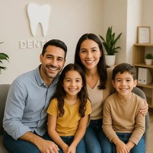 a family sitting together in a dental clinic